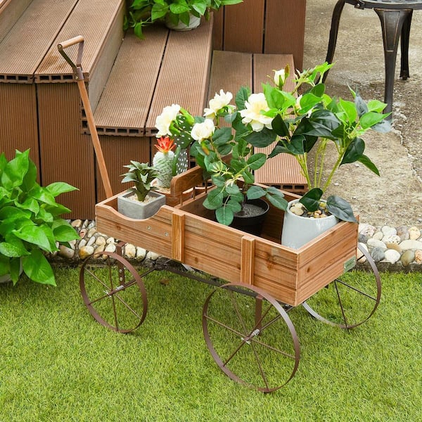 Garden Plant Planter Wooden Wagon Planter with Wheel Garden Yard Brown