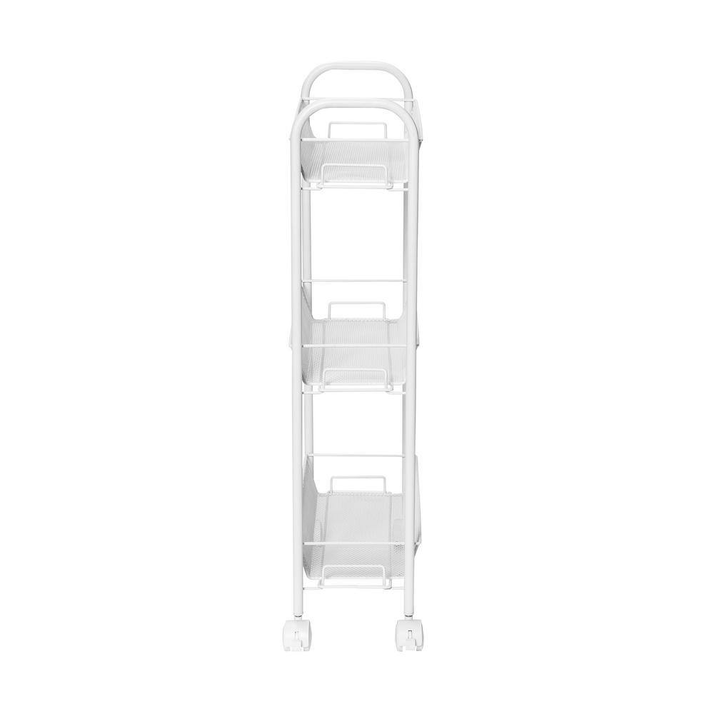 Slim White 3-Tier Wire Mesh Rolling Storage Cart
