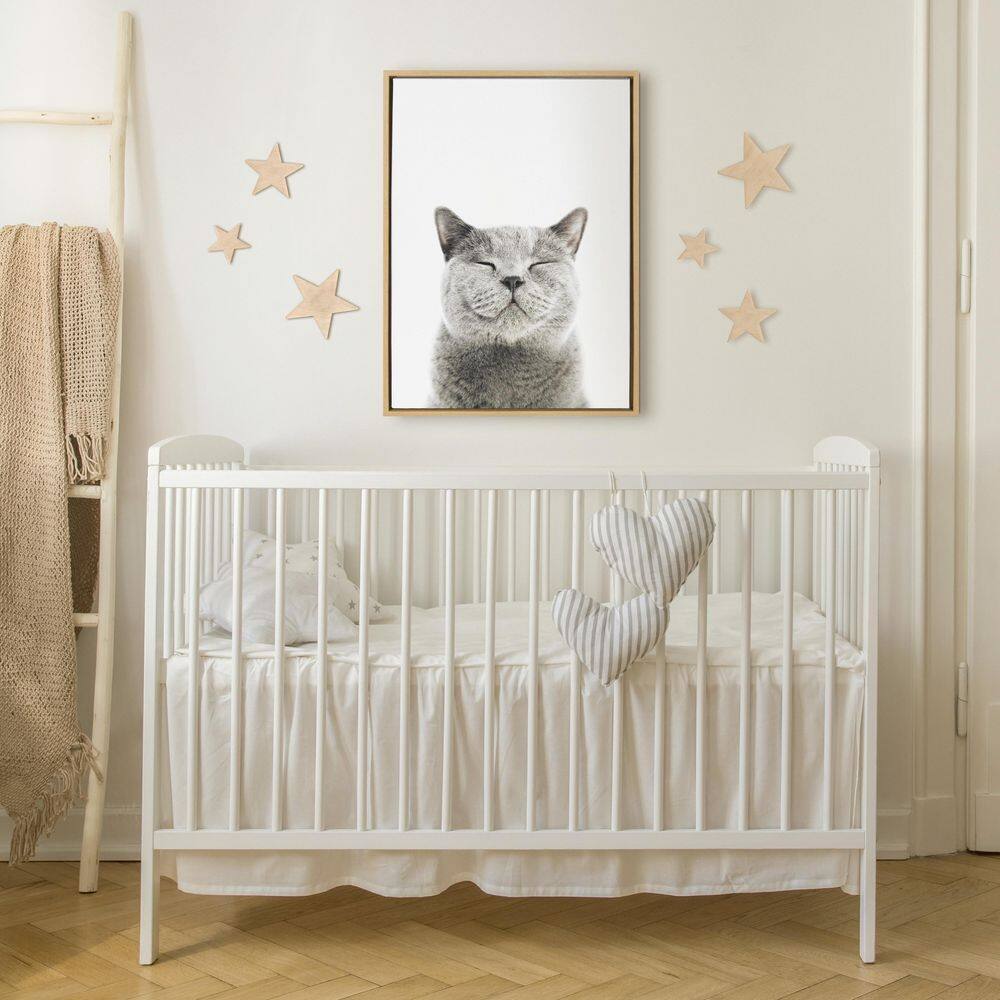 Smiling Gray Cat Canvas Print with Natural Wood Frame