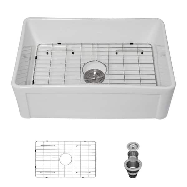 30 in. Farmhouse Single Bowl White Ceramic Kitchen Sink with Bottom Grids