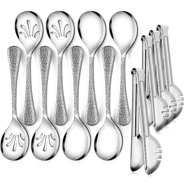12-PCS Silver Hammered Stainless Steel Flatware Set (Service for 4),10in. Serving Spoons,10in. Slotted Spoons,9in. Tongs