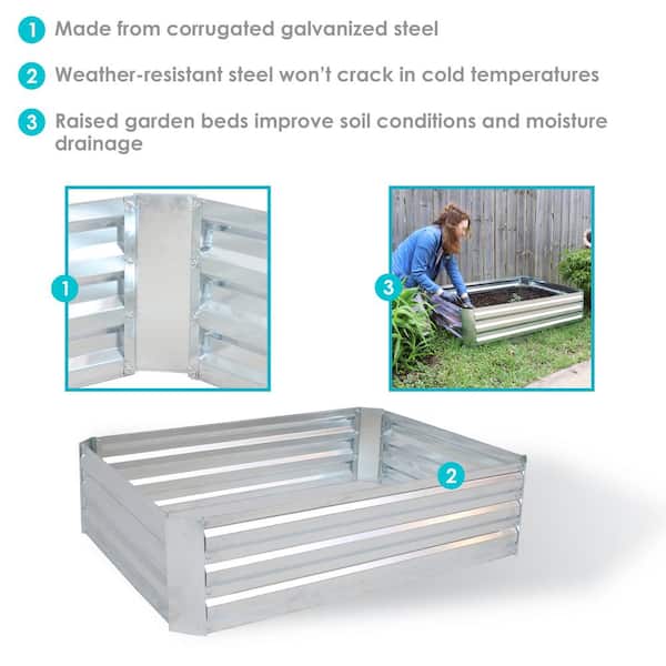 Vegetables Silver and Flowers 47.5-Inch x 11.75-Inch Rectangle Planter for Plants Sunnydaze Raised Metal Garden Bed Corrugated Galvanized Steel 