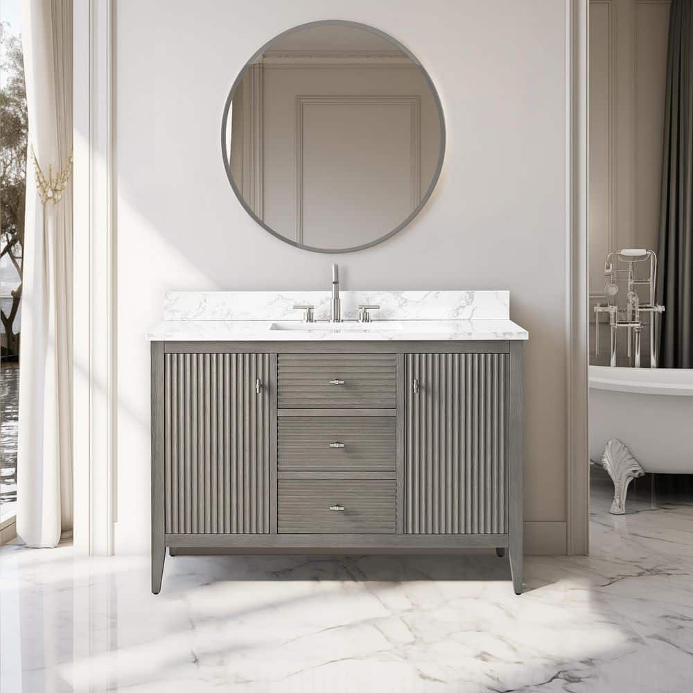 48 in. W x 22 in D x 38 in. H Single Sink Bath Vanity Cabinet in Linear Driftwood Gray with White Engineered Marble Top price history on PriceWatchPro