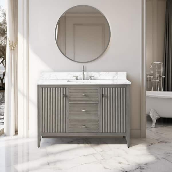 48 in. W x 22 in D x 38 in. H Single Sink Bath Vanity Cabinet in Linear Driftwood Gray with White Engineered Marble Top