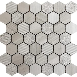 Gray 11.8 in. x 12 in. Hexagon Marble Polished and Etched Mosaic Floor and Wall Tile (5-Pack) (4.92 sq. ft./Case)