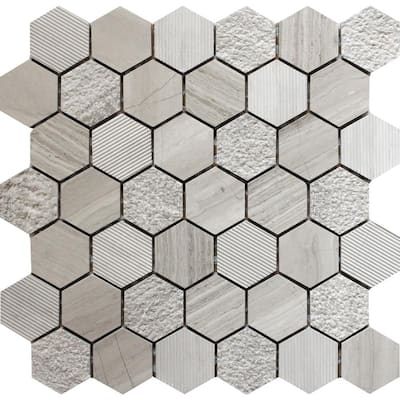 Wooden Grey 11.8 in. x 12 in. Hexagon Polished, Etched Marble Mosaic Floor and Wall Tile (4.92 sq. ft./case) 5-Pack