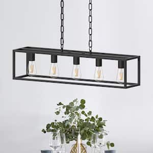 5-Light Matte Black Farmhouse Kitchen Island Lighting, Modern Rectangular Chandeliers for Dining room Foyer