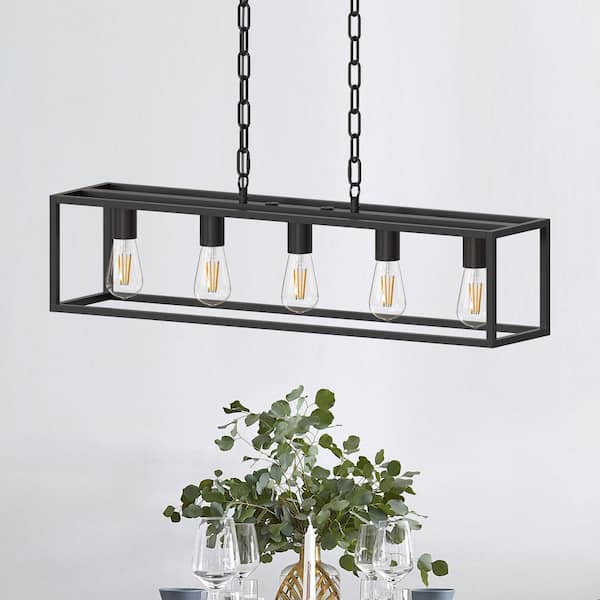 YANSUN 5-Light Matte Black Farmhouse Kitchen Island Lighting, Modern Rectangular Chandeliers for Dining room Foyer