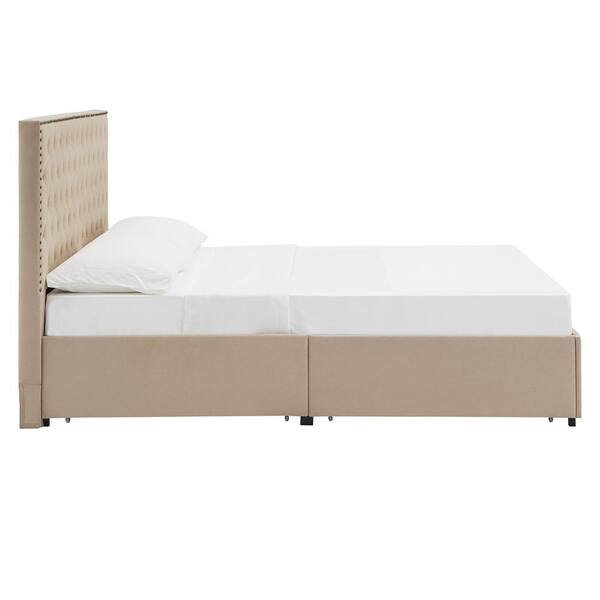 Beige Nailhead Linen Headboard Storage King Platform Bed