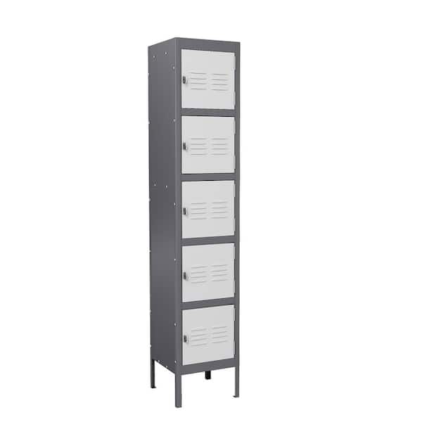 Mlezan 5-Tier Metal Locker Storage Shelves Locker 12 in. D x 12 in. W x 66 in. H in Gray White for Employees Workers