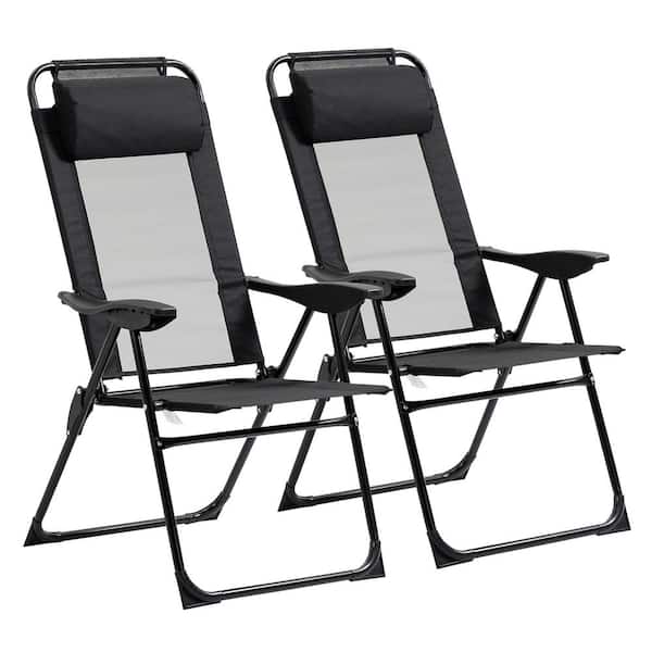 Zeus & Ruta 2-Piece Black Folding Recliner Metal Patio Chaise Outdoor Lounge Chair with Adjustable Backrest and Removable Headrest