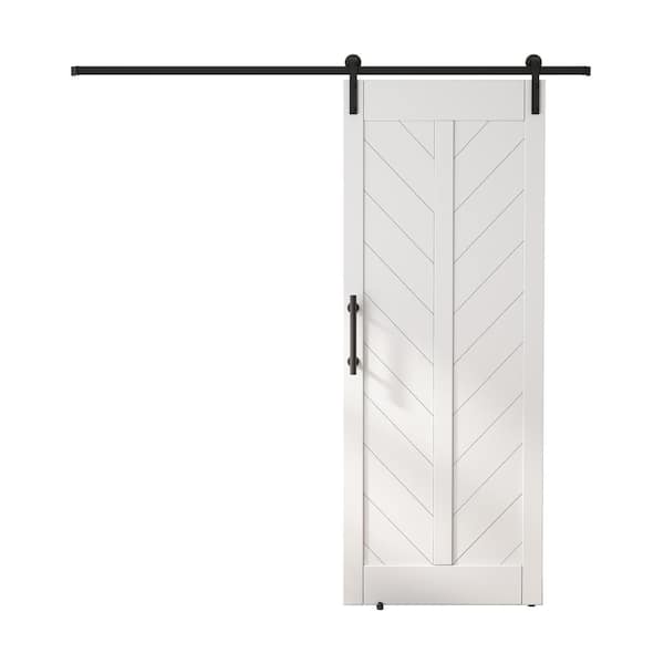 SANDING 30 in. x 84 in. MDF Sliding Barn Door with Hardware Kit, Covered with Water-Proof PVC Surface, White, V-Frame