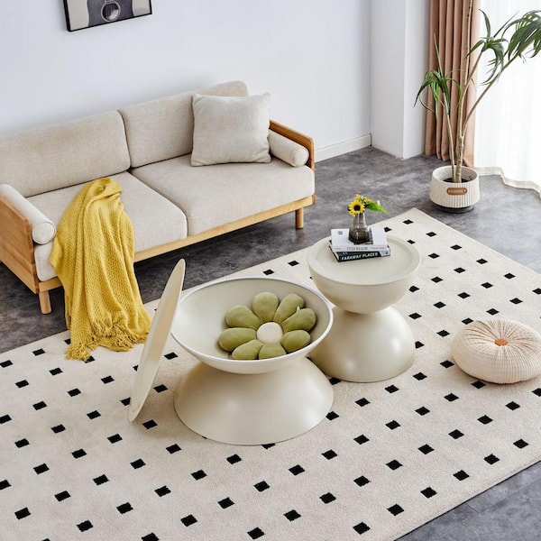 J&E Home 27.55 in. White Round Sleek Marble-Look Top Coffee Table with 2-Pieces