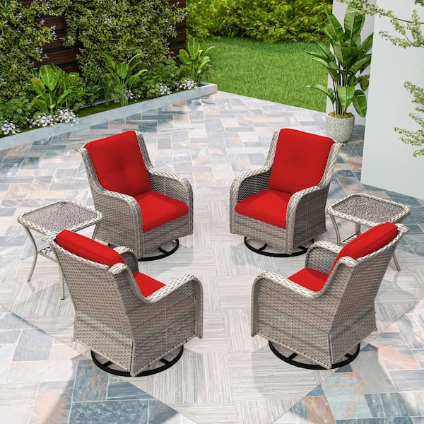 Gray 6-Piece Rattan Wicker Patio Conversation Set with Red Cushions Garden Lawn