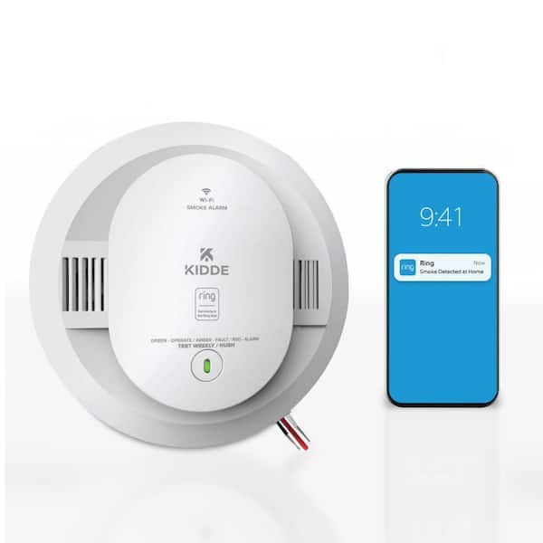 Hardwired Ring App Enabled Smart Smoke Detector with AA Backup Battery, Voice Alerts, Interconnected Alarm