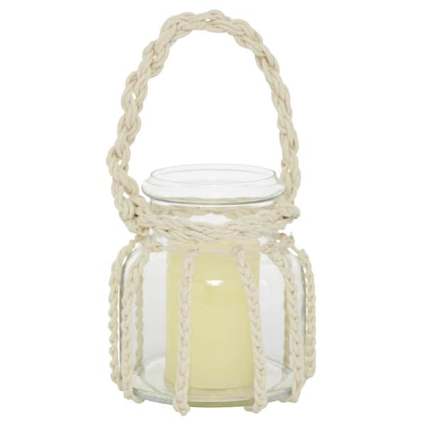 Litton Lane 6 in. H Clear Glass Decorative Candle Lantern with Rope Handle