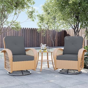 3-Piece Wicker Patio Outdoor Rocking Chair Swivel Chair with Coffee Side Table and Dark Gray Cushions