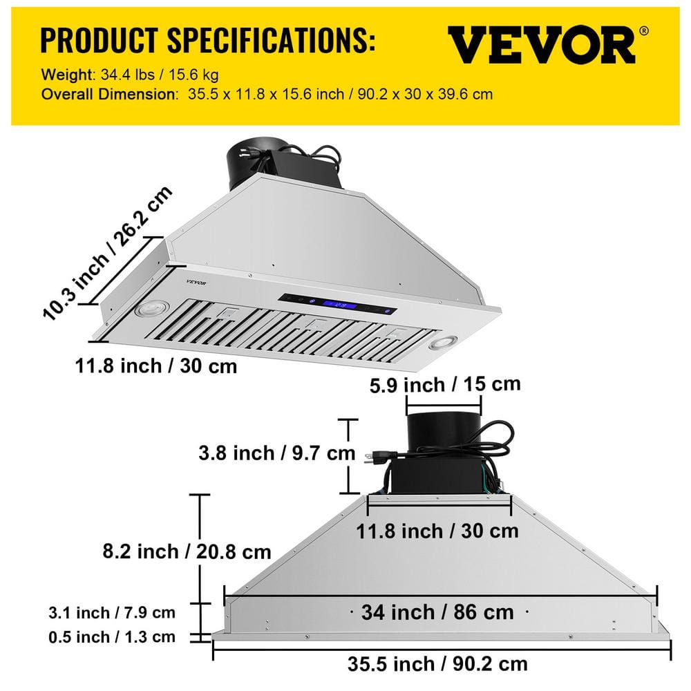 VEVOR 36" Stainless Steel Convertible Insert Range Hood with Charcoal Filter