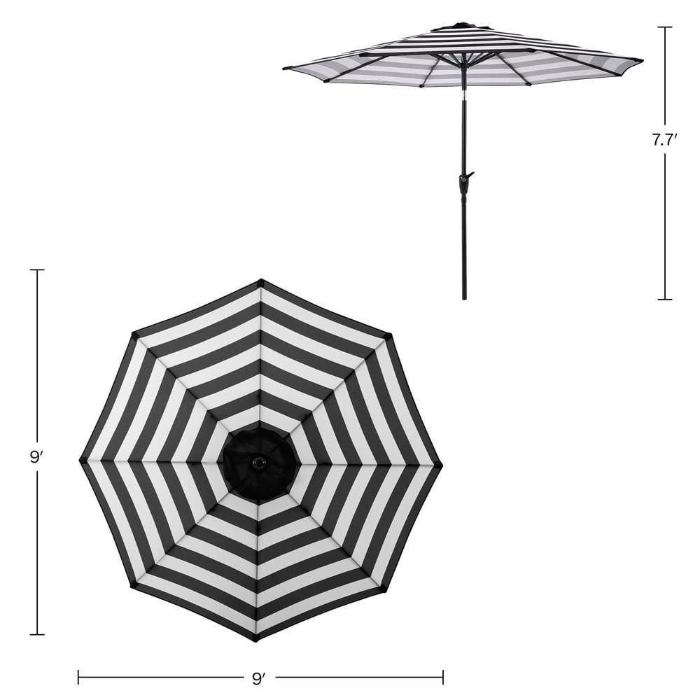 9 Ft Black and White Striped Outdoor Patio Umbrella with Tilt