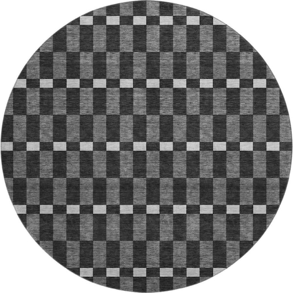 Mayfield Premium Machine Washable Abstract AMF2547 Black 8 ft. x 8 ft. Round Rug