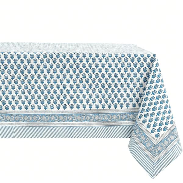 70 in. W x 108 in. L Blue Floral Cotton Tablecloth