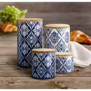 Pirouette 4-Piece Blue/White Ceramic Canister Set with Wood Lid