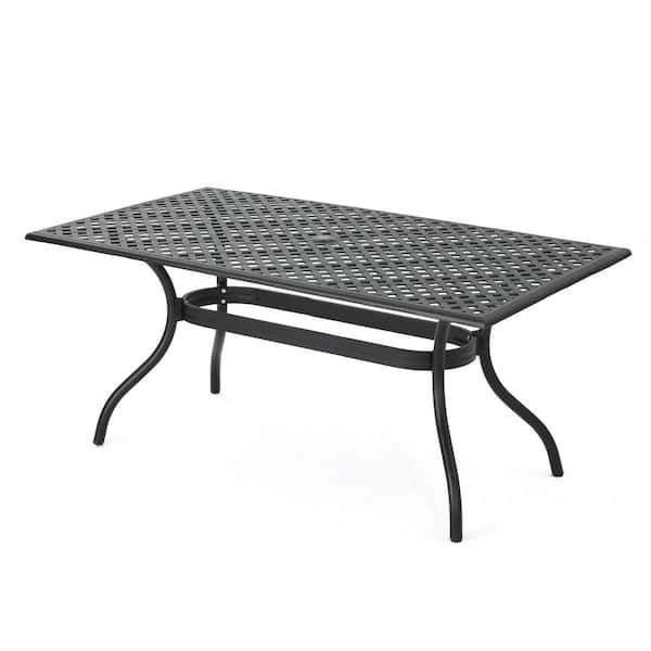 Black Rectangular Aluminum Outdoor Dining Table with Lattice Design and Center Umbrella Hole