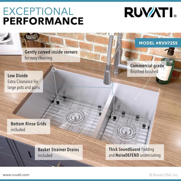 Ruvati 28 in. Low-Divide Double Bowl 60/40 Undermount Tight Radius 16-Gauge Stainless  Steel Kitchen Sink RVH7255 - The Home Depot