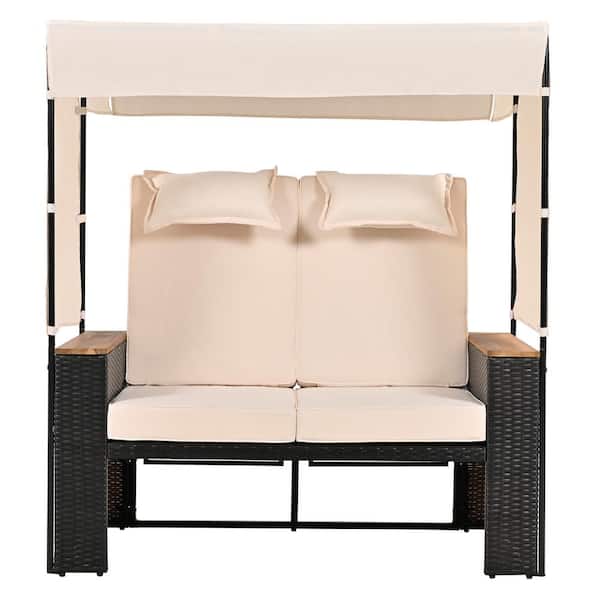 Zeus & Ruta 2-Piece Brown Wicker Outdoor Patio Lounge Roof Sectional Set with Beige Cushions and Adjustable Backrest