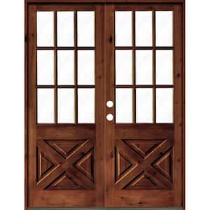 64 in. x 96 in. Knotty Alder 2-Panel Right-Hand/Inswing Clear Glass Red Chestnut Stain Double Wood Prehung Front Door