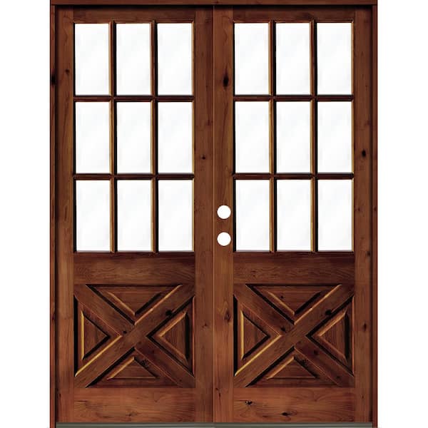 Krosswood Doors 72 in. x 96 in. Knotty Alder 2 Panel Right-Hand/Inswing Clear Glass Red Chestnut Stain Double Wood Prehung Front Door