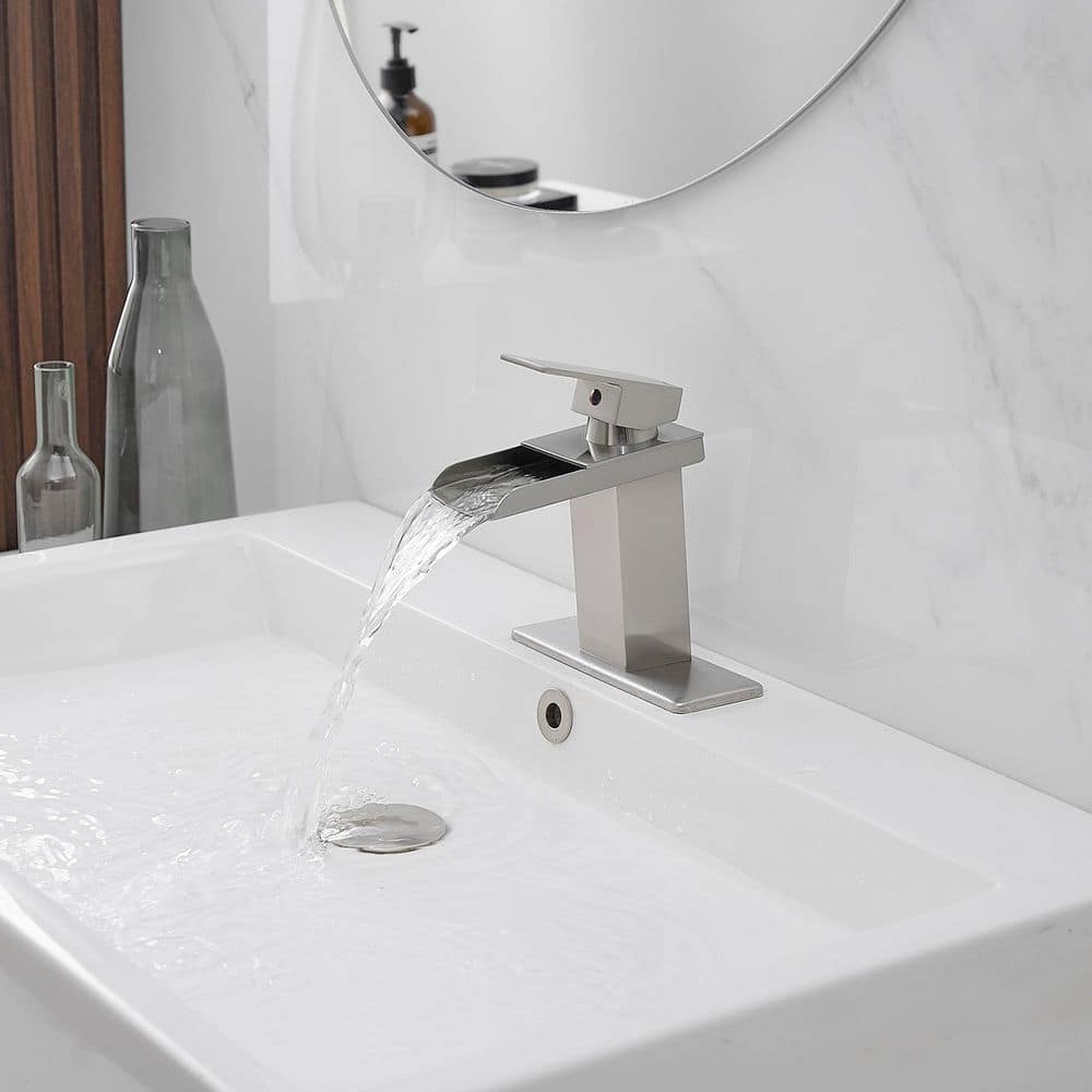 Brushed Nickel Single-Handle Waterfall Bathroom Faucet with Pop-Up Drain