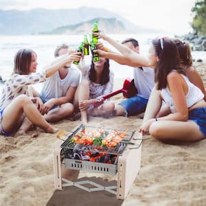 Outdoor Portable Charcoal Grill in White with 2 Stainless Steel Grill Nets Charcoal Box for Camping