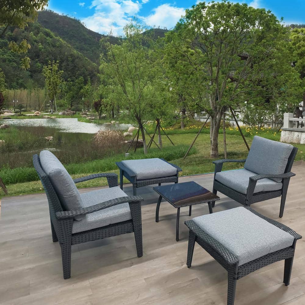 Gray 5-Piece PE Wicker Patio Conversation Set Outdoor Lounge Chair Sofa Set with Ottoman and Table, Gray Cushion