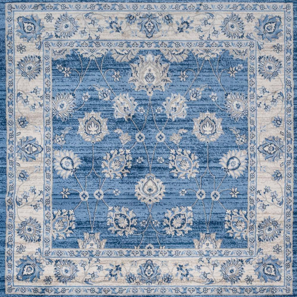 Elegant Vintage Floral 5' Square Blue and Cream Synthetic Area Rug