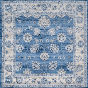 Modern Persian Vintage Moroccan Traditional Blue/Ivory 5' Square Area Rug