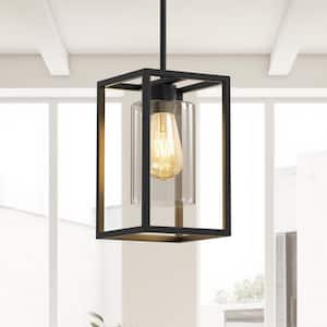 6.7 in.1-Light Black Square Framed Pendant with Clear Glass, Indoor Retro Industrial Hanging Light for Kitchen Island