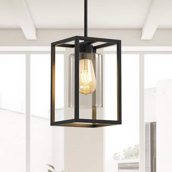 YANSUN 6.7 in.1-Light Black Square Framed Pendant with Clear Glass, Indoor Retro Industrial Hanging Light for Kitchen Island