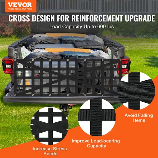Tailgate Net, 54 in. x 18 in., Rope, Heavy Duty Cargo Net for Truck Bed with 4 Adjustable Telescopic Straps, Cross