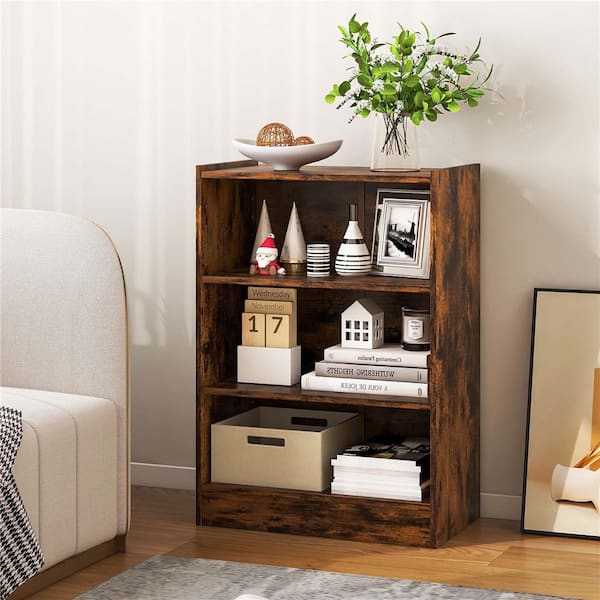 Costway Brown 3-Tier 29.5 in. H Engineered Wood Bookcase Open Multi-Purpose Display Rack Cabinet with Adjustable Shelves