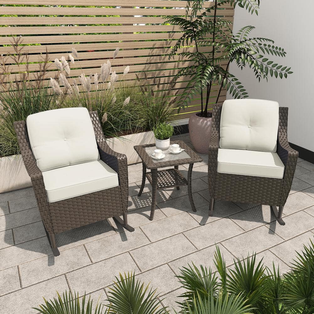 3-Piece Wicker Rocking Chair Patio Conversation Set with Beige Cushions and Glass-Top Side Table price history on PriceWatchPro