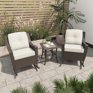 3-Piece Wicker Rocking Chair Patio Conversation Set with Beige Cushions and Glass-Top Side Table