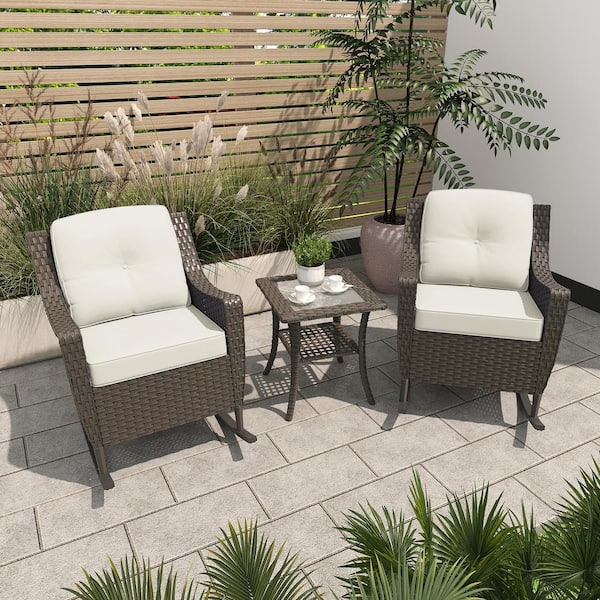 INMITOM 3-Piece Wicker Rocking Chair Patio Conversation Set with Beige Cushions and Glass-Top Side Table