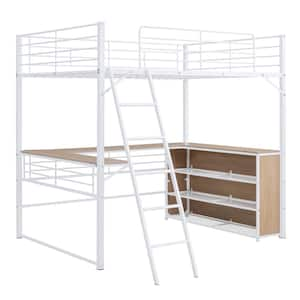 White Full Size Metal Loft Bed with L-shaped Built-in Desk, 3-tier Storage Shelves and Ladder