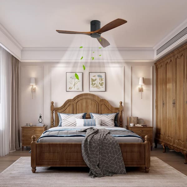 52 in. Indoor/Outdoor Black Low Profile Wood Ceiling Fan Without Light, 6-Speed DC Motor and Remote Control