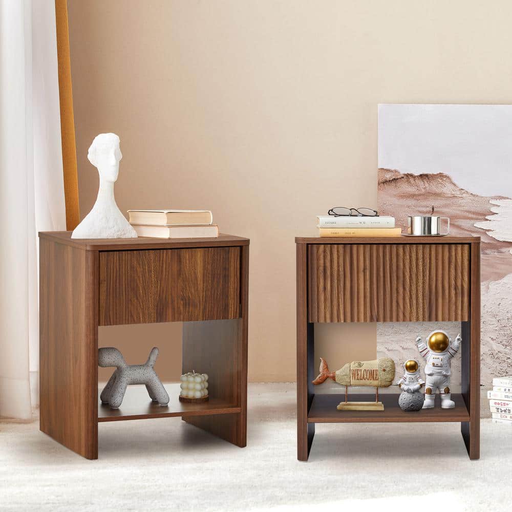 ATHMILE Walnut Wooden Fluted 1-Drawer Nightstand /End Table(17