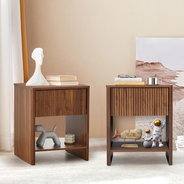 ATHMILE Walnut Wooden Fluted 1-Drawer Nightstand /End Table(17. 71in. W x 15. 74in. D x 21. 65in. H)