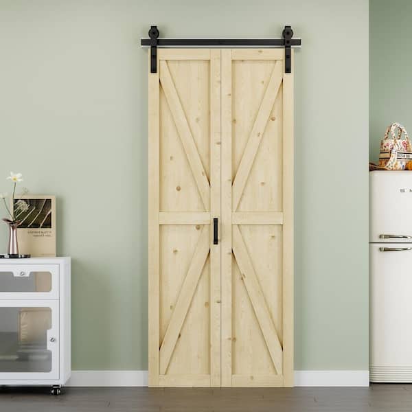 36 in. x 84 in. Paneled Pine Wood Solid Core Unfinished K Shape Composite Bi-fold Door with Bifold Barn Door Hardware