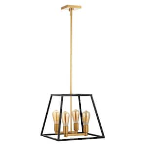 60-Watt 4 Light Black and Gold Unshaded Pendant Light with eRectangular iron frame, No Bulbs Included