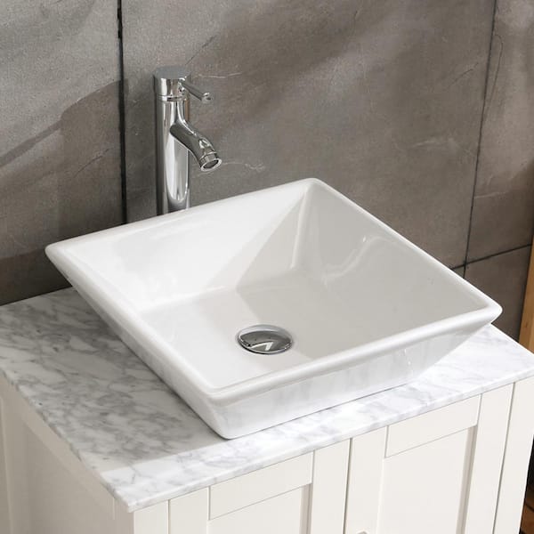 Unbranded 16.5 in. Vessel Square Bathroom Sink in White Ceramic with Faucet and Drain